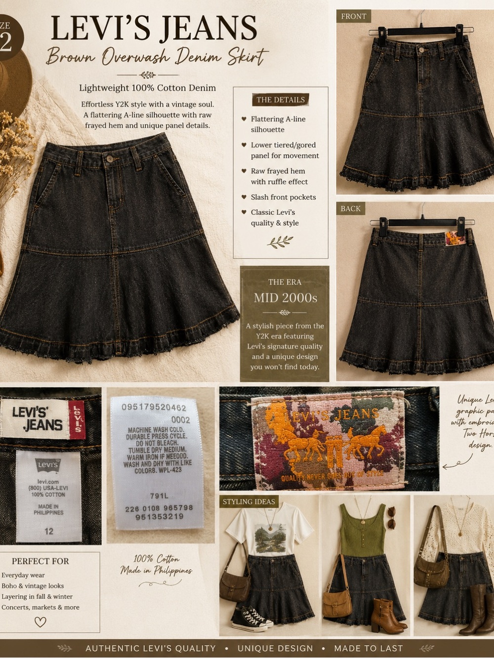 Levi's Dark Blue Denim Ruffled Hem A-Line Midi Skirt